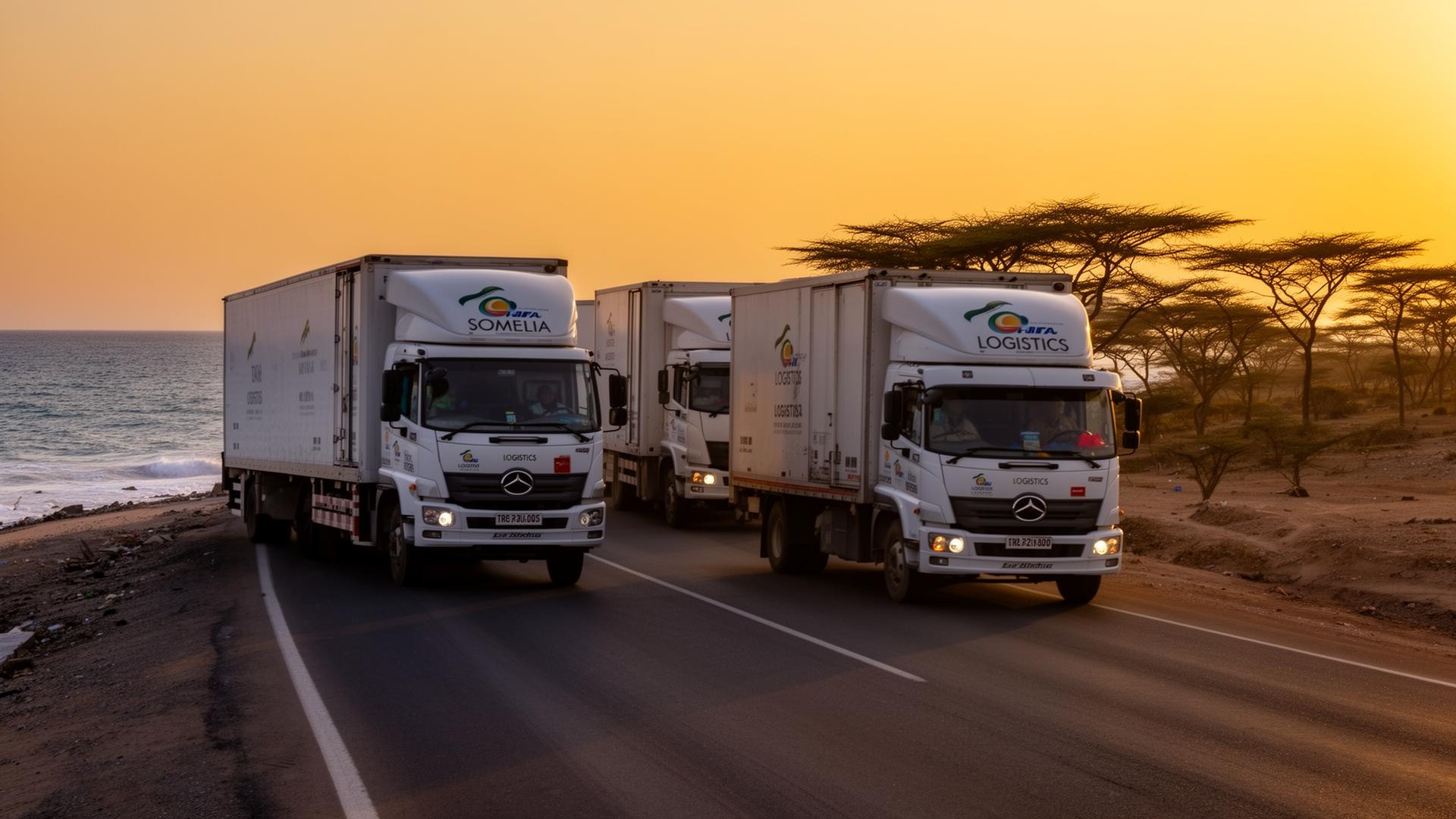 Kafi Logistics convoy on the East African coastal road at sunrise