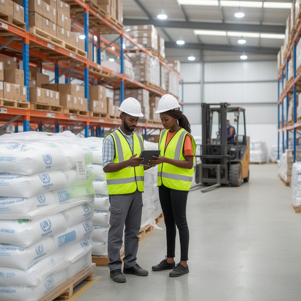 Inside a Kafi Logistics warehouse with palletised humanitarian cargo